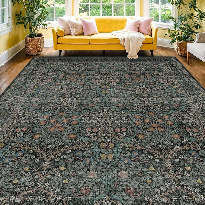 Vintage Dark Green Living Room Rug, 7x10 Washable Area Rugs for Dining Room Under Table, Bedroom, Oriental Low Pile Stain Resistant Non-Slip Thin Soft Carpet