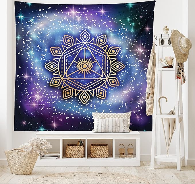 Ambesonne Geometry Tapestry, Celestial and Terrestrial Harmony of Cosmos Mandala Form on Nebula Art, Fabric Wall Hanging Decor for Bedroom Living Room Dorm, 28" X 23", Indigo