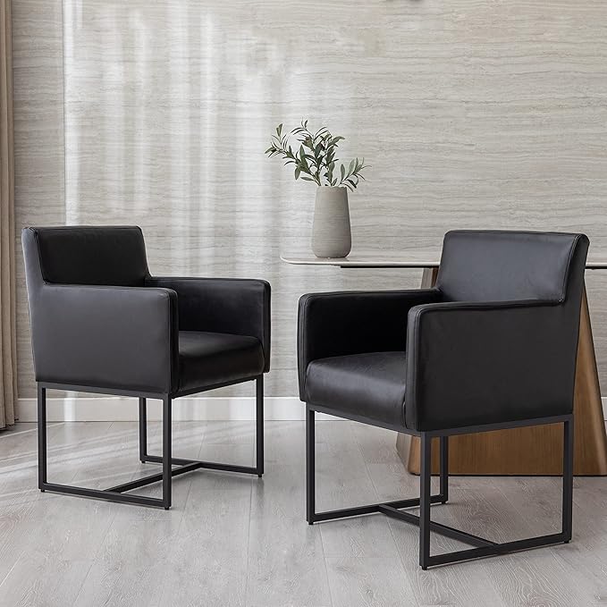Set of 4 Upholstered Dining Chairs with Armrest, PU Leather Modern Accent Armchairs, Kitchen & Dining Room Chairs Side Chairs, Black
