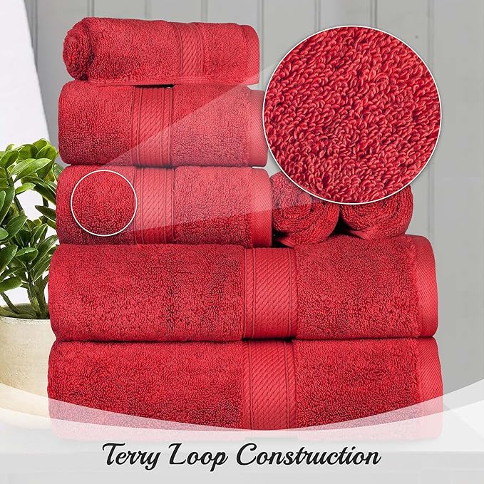 Superior Egyptian Cotton Pile Bath Towel Set of 2, Ultra Soft Luxury Towels, Thick Plush Essentials, Absorbent Heavyweight, Guest Bath, Hotel, Spa, Home Bathroom, Shower Basics, Red