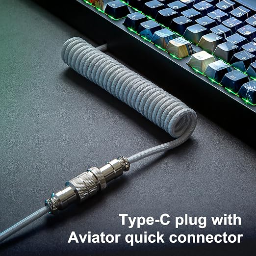 GUNMJO Pro Custom Coiled USB C Cable for Gaming Keyboard Double-Sleeved Mechanical Keyboard Cable with Detachable Metal Aviator 1.5M USB-C to USB-A Blue Color