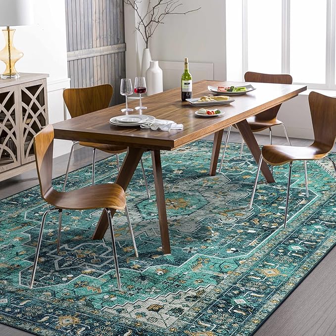 Moynesa Ultra-Thin Vintage Area Rug - 8x10 Teal Bedroom Rug for Living Room Non-Shedding Stain Resistant Playroom Mat, Indoor Printed Boho Floor Carpet for Dining Table Office Decor