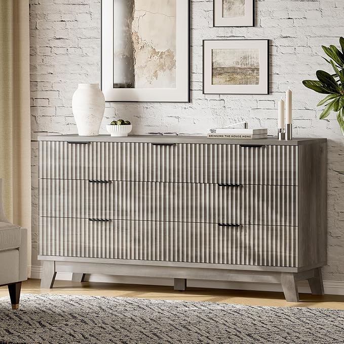Fluted Dresser with 7 Drawers, 58" Wide Modern Chest of Drawers with Metal Handle, Wooden Dresser TV Stand, Wood Closet Clothes Storage Organizer for Bedroom, Living Room, Hallway, Light Grey