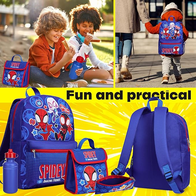 Marvel Spiderman Backpack Set 4 Pcs Water Bottle Pencil Case Lunch Bag or Wallet Key Ring School Supplies Gifts for Kids (Spidey)