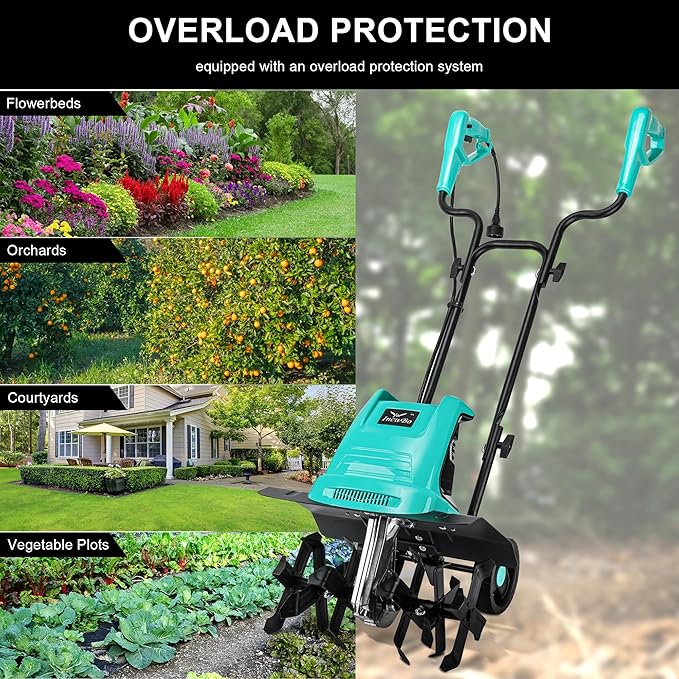 Tiller Cultivator 17 inch 15 Amp 6 Steel Tines Tillers for Gardening Electric Rototiller for Garden Yard