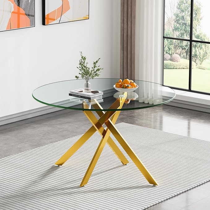 47.25" Round Dining Table for 6, Modern Clear Glass Kitchen Table for 6 with Gold X Metal Legs, Contemporary Small Circle Dining Room Leisure Tables for Kitchen Apartment