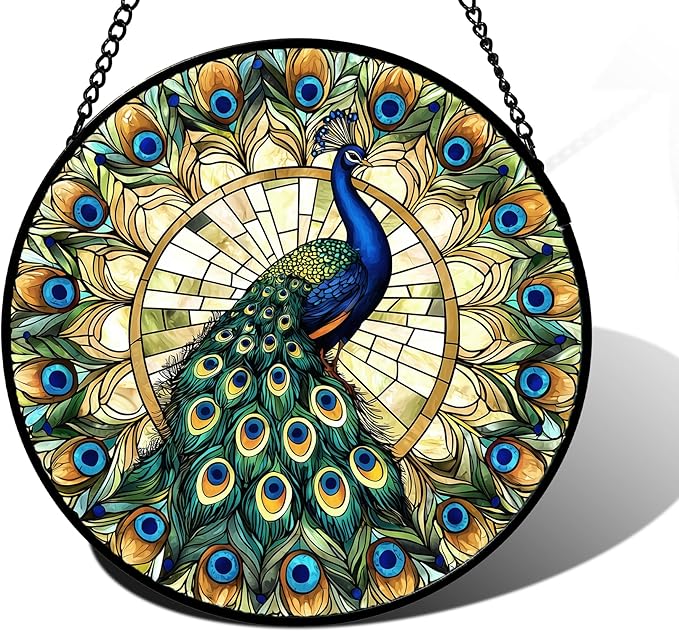 Stained Glass Window Hanging - Retro Peacock Decoration Suncatcher for Door Garden Home Bird Feather Sun Catchers Christmas Mother's Day Birthday Gifts for Women Men Mom Nana Friend 9.8 in