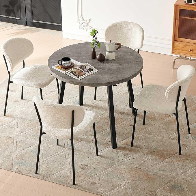 Modern Dining Table Set for 4, Industrial Kitchen Table Set, 37" Round MDF Living Coffee Table with 4 Seated Boucle Dining Chairs Upholstered, Metal Legs for Dining Hall, Living Room