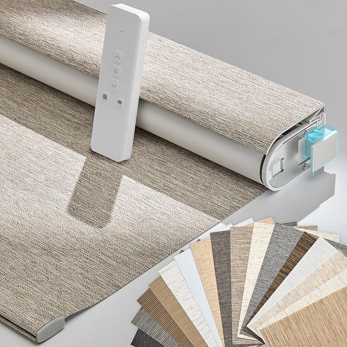 Persilux Smart Motorized Blinds with Remote, No Drill Automatic Roller Shades for Indoor Windows, Blackout Linen Fabric, Electric Blinds for Windows, Linen Light Brown C156BO-3, Custom Size