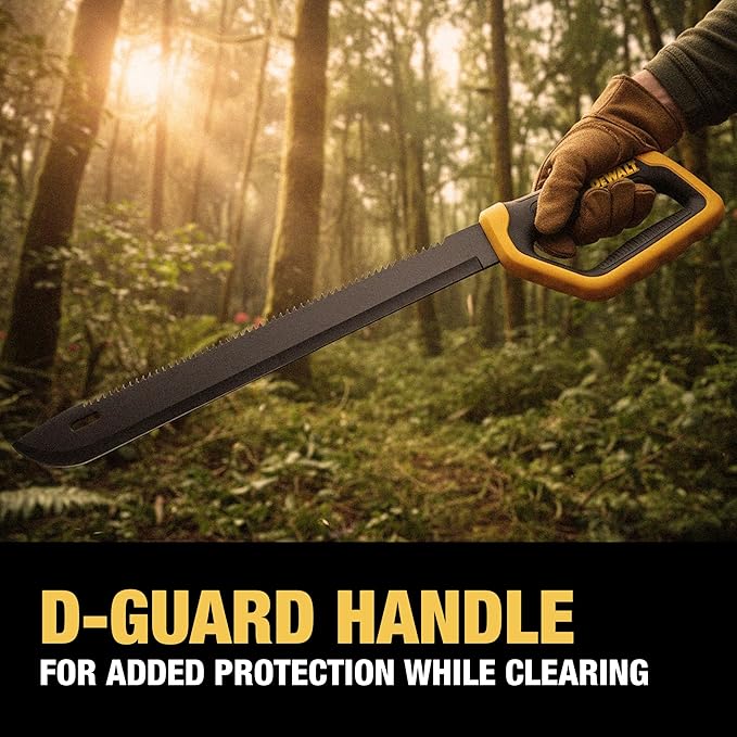 DEWALT 21 Inch MA61 D-Guard Machete - Full Tang Stainless Steel Blade with Saw Back & Protective D-Guard Non-Slip TPR Handle with Nylon Sheath for Brush Clearing, Yard Work, Camping and Outdoor Use