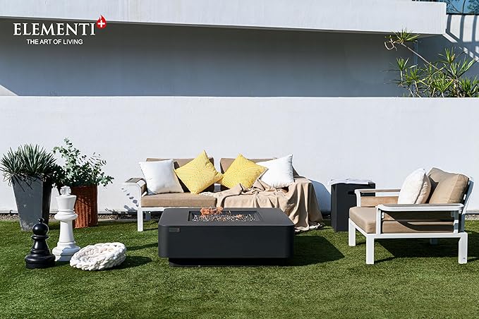 Elementi+ | Bundle Bergamo Gas Fire Pit Cast Concrete 42" Square Fire Table, Outdoor Fire Pit Electronic Ignition | Canvas Cover, Fire Glass and Burner Lid Included | Dark Gray | Propane Gas
