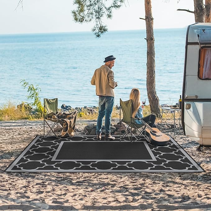 GENIMO 4 ' x 6 ' Outdoor Rug for Patio, Waterproof Indoor Outdoor Plastic Straw Rugs Carpet, Reversible Outside Area Mat for Camping, Balcony Porch, Deck, Picnic, Beach Black Grey