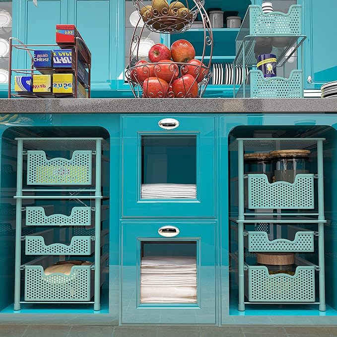 Simple Houseware Stackable 2 Tier Sliding Basket Organizer Drawer, Turquoise