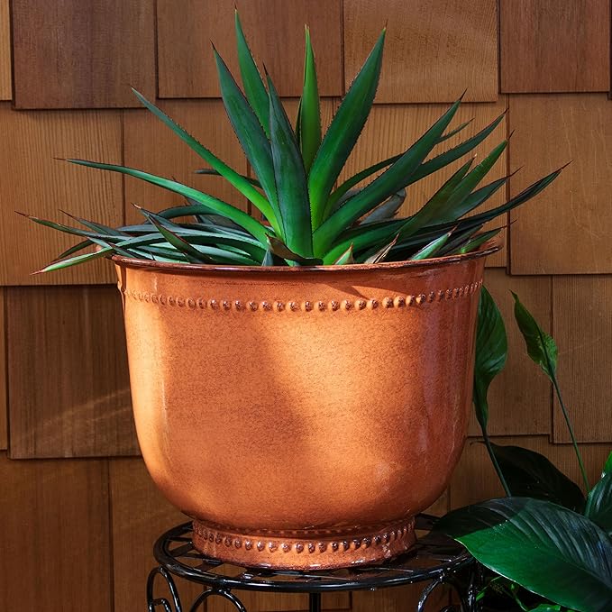 Sunnydaze Michael 14.5" Metal Outdoor Plant Pot Set with Drainage Holes and Rubber Plugs - Chestnut Glaze - Set of 2