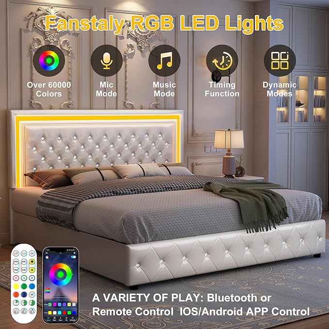 Queen Led Bed Frame with 4 Storage Drawers, Bed Frame with Led Lights No Box Spring Needed, 900 lbs Capacity, Easy Assembly, PU White