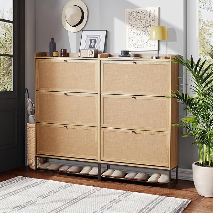 LEVNARY Shoe Storage Cabinet with 3 Flip Drawers, Freestanding Shoe Cabinet Storage Organizer for Entryway, Wooden Narrow Shoe Racks Cabinet with Metal Legs for Hallway (Natural Oak)