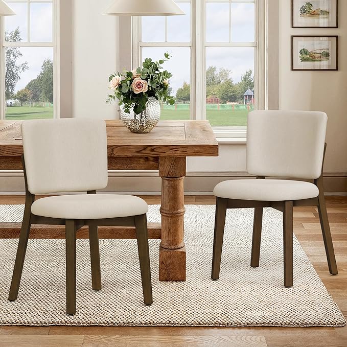 LUE BONA Wooden Dining Chairs Set of 4, Comfortable Wide Back Kitchen Side Chairs, Strong Thick Legs for Modern Farmhouse Dining Room, Linen Upholstered and Dark Brown Legs