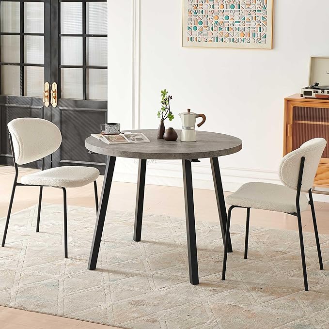 Modern Dining Table Set for 2, 37" Round MDF Living Coffee Table Industrial with 4 Seated Boucle Dining Chairs Upholstered, Metal Legs for Dining Hall, Living Room