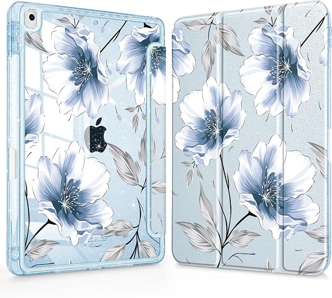 Mektron Sparkly Case for iPad 10.2 inch Glitter Tablet Cases for iPad 9th Gen 2021/8th Gen 2020/7th Gen 2019 Cover with Shiny Clear Back Shell Foldable Bling Smart Cover Blue Floral