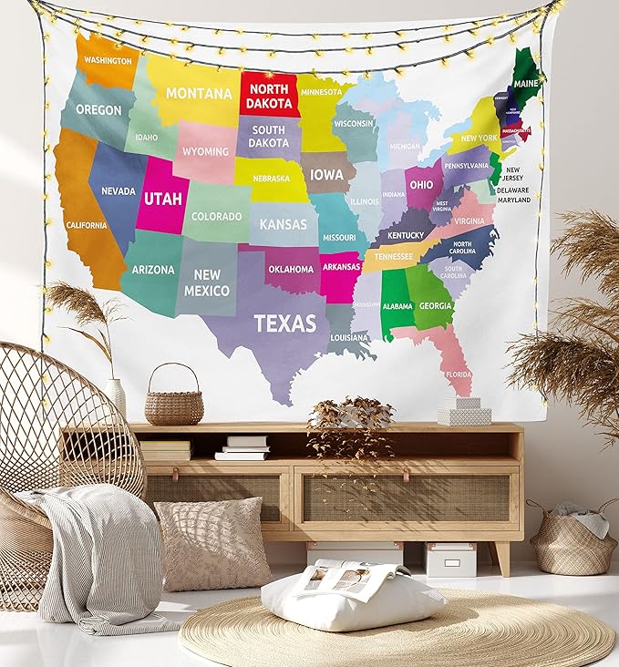 Ambesonne Map Tapestry, USA Map with Name of States in Colorful Design America Geography Cartography Theme, Wide Wall Hanging for Bedroom Living Room Dorm, 60" X 40", Red Yellow