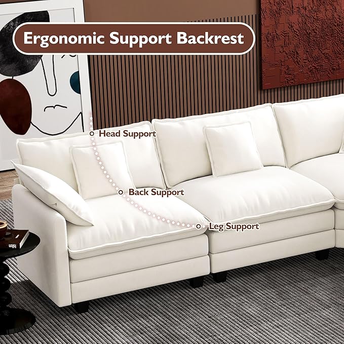 Ihanherry 114" V-Shaped Modern Sofa Modular Sectional Cloud Couch with Corner Section, 5-Seat Chenille Deep Seat Sofa with 5 Pillows for Living Room, Bedroom and Apartment, Beige
