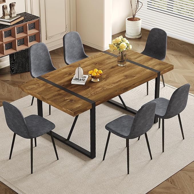 Rustic 7 Piece Dining Room Table Set for 6 People, Mid Century Modern 71 Inch Rectangle Wood Kitchen Dining Table with 6 Fabric Chairs Set, Suitable for Kitchen Dining Room Apartment