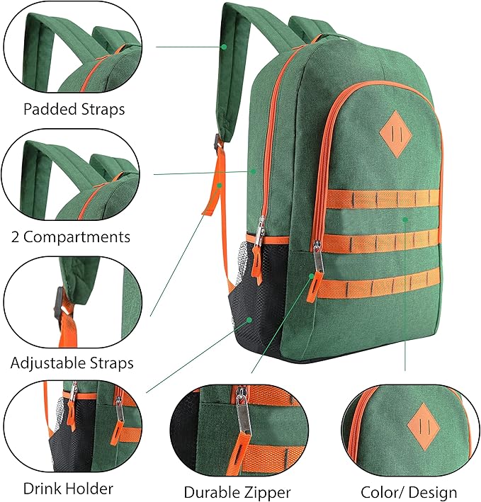 12-Pack 19” Sport Backpacks with 52 Piece School Supplies Kits - Pens, Pencils, Crayons – Bulk Bundle for Elementary, Middle, and High School Students, 4 Assorted Styles
