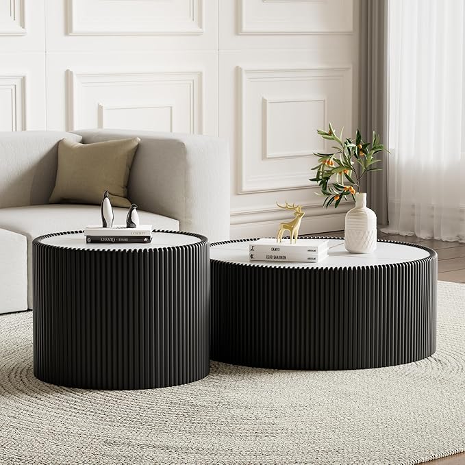 Black Round Coffee Table with Sintered Stone Tabletop, 29.52" Drum Coffee Table with Fluted PU Leather Covered and Stable Base, Circle Cocktail Tea Table for Living Room