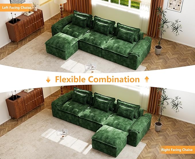 Hobestluk 120" Cloud Sectional Couch 3-Seater Sofa with Deep Seat Modular Sofa with Removable Cover Large Sofa Couch for Living Room (Green, 3-Seater Sofa)