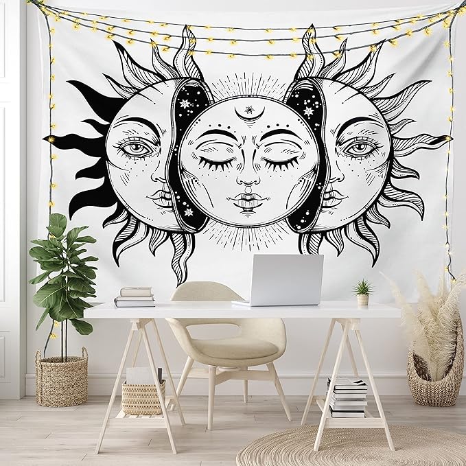 Ambesonne Moon Tapestry, Monochrome Sun and Moon Pattern Oriental Image Culture Inspired Design Print, Fabric Wall Hanging Decor for Bedroom Living Room Dorm, 30" X 45", White Black