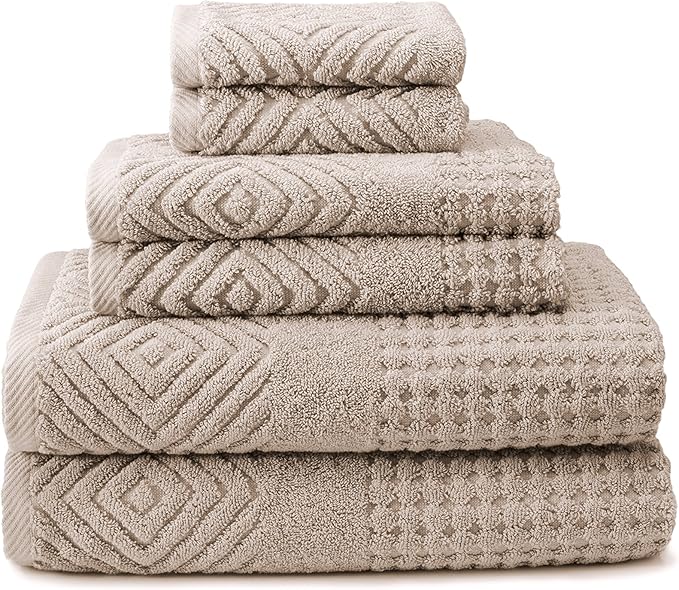 Texere 100% Organic Cotton Diamond Jacquard 700 GSM Luxury Bath Towel Sets - 2 Large Bath Towels, 2 Hand Towels, 2 Washcloths (Diamond, Oxford Tan, 6 Piece)