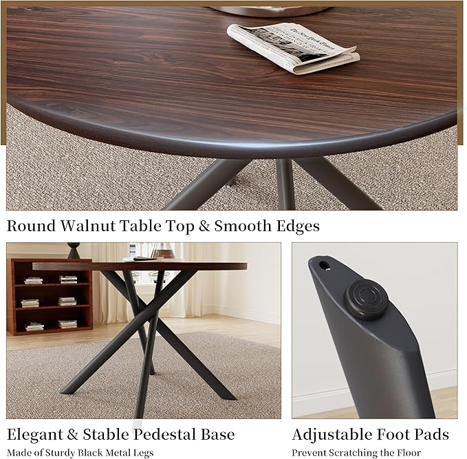 45.3 Inch Round Dining Table Set for 4, Mid Century Modern Small Coffee Set for Dining Room Kitchen Apartment (Walnut Table + 4 U-Shaped White Chairs)