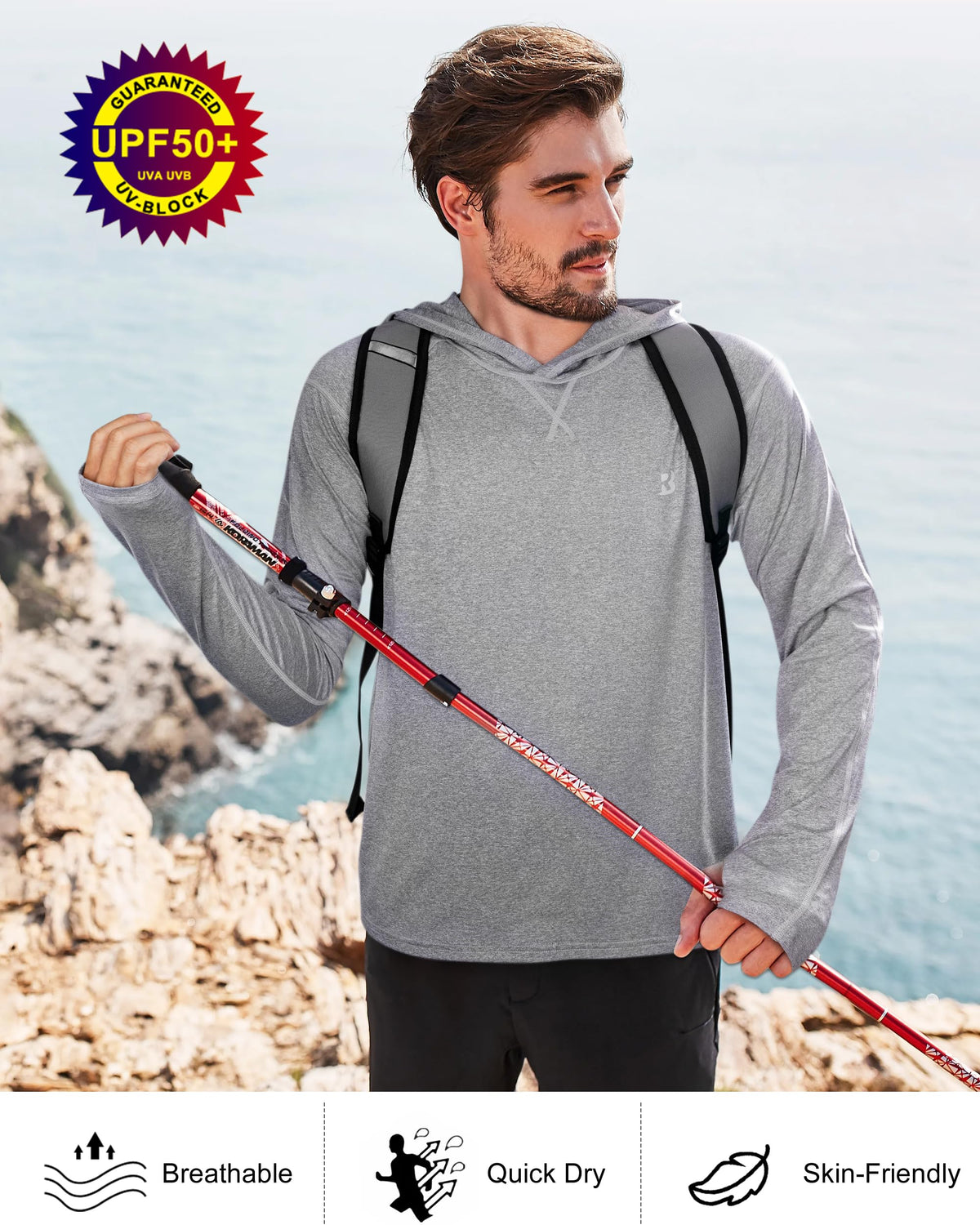 Roadbox UPF 50+ Fishing Shirts for Men Long Sleeve UV Sun Protection Hoodie Outdoor Hiking Shirts