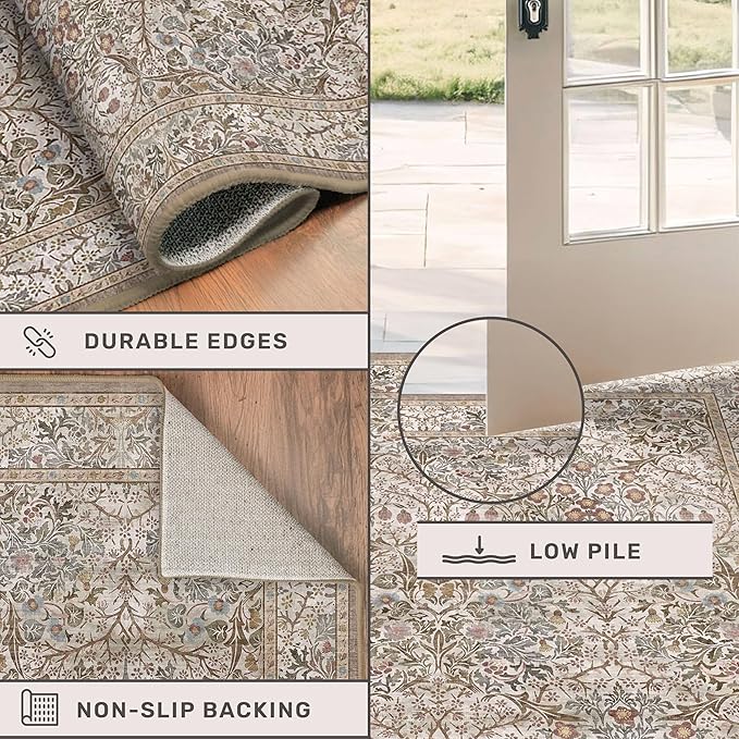 Moss Green Washable 2x4 Entry Rug - Front Door Rugs Indoor, Vintage Floral Style Small Rug for Kitchen, Bathroom, Non-Slip Boho Vintage Dark Taupe Entryway Décor