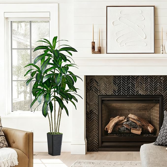 Artificial Dracaena Tree-5FT Tall Fake Plants with Black Tall Square Planter-Artificial Plants Indoor Floor Plant in Pot-Large Tropical Fake Yucca Potted Tree for Home Office Living Room Decor