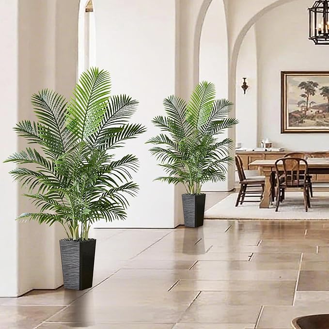 Artificial Palm Tree：5FT Tropical Fake Silk Plant UV Resistant Faux Areca Palm with White Planter & Black Pebbles for Home Office Living Room Decor Indoor Patio Porch Balcony (5FT,1-Pack,Black)