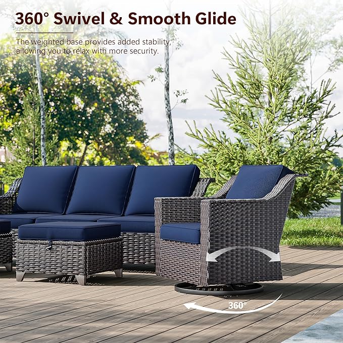 9 Pieces Wicker Patio Furniture, Luxury Outdoor Furniture with 2 Patio Swivel Chair, 2 Chair, 3-Seater Sofa, 2 Ottoman, 1 Coffee Table and 1 Side Table, Wide Armrest, Thickened Cushions