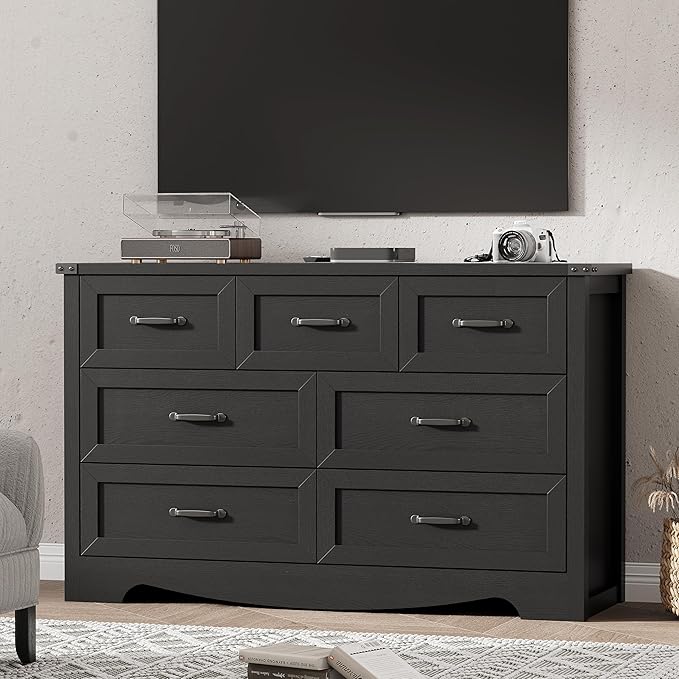 Dresser for Bedroom with 7 Drawers, 48" Wide Modern Chest of Drawers with Deep Drawers & Mental Handle, Wood Dresser TV Stand, Wooden Closet Storage Organizer for Living Room, Hallway, Entryway, Black