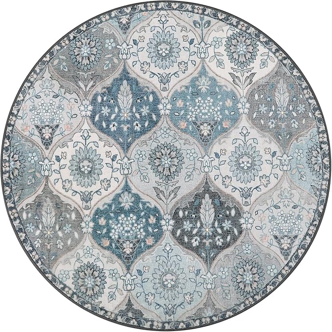 Lahome Moroccan Trellis Washable Round Rugs, Non-Slip Soft Round Rug 4ft Ultra-Thin, Small Vintage Circle Carpet for Entryway Kitchen Bedroom Nursery Bathroom, Blue