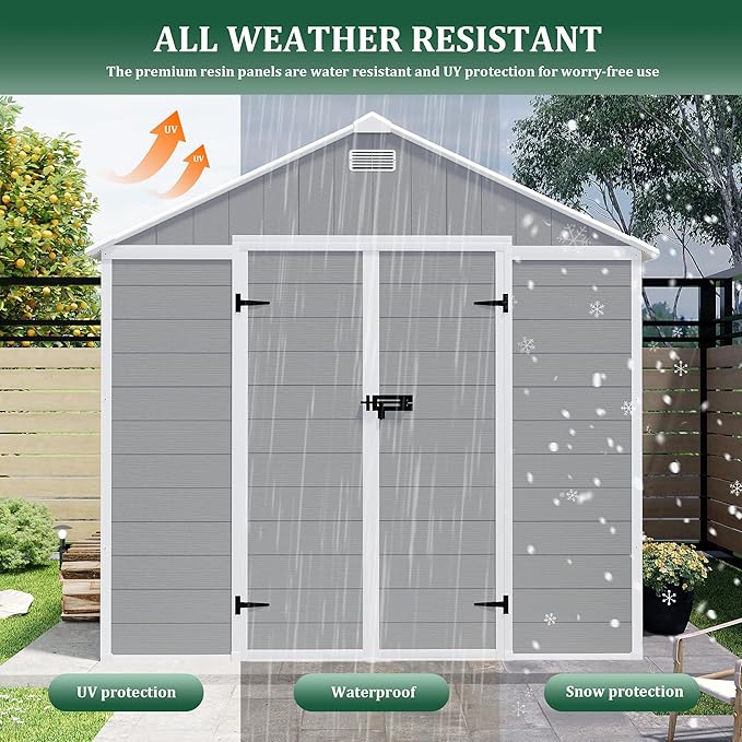 8x10 FT Outdoor Storage Resin Shed with Floor, Plastic Garden Tool Shed with Sloped Roof, Lockable Door & Windows, Easy to Assemble Bike Shed for Lawn, Backyard, Patio, Grey