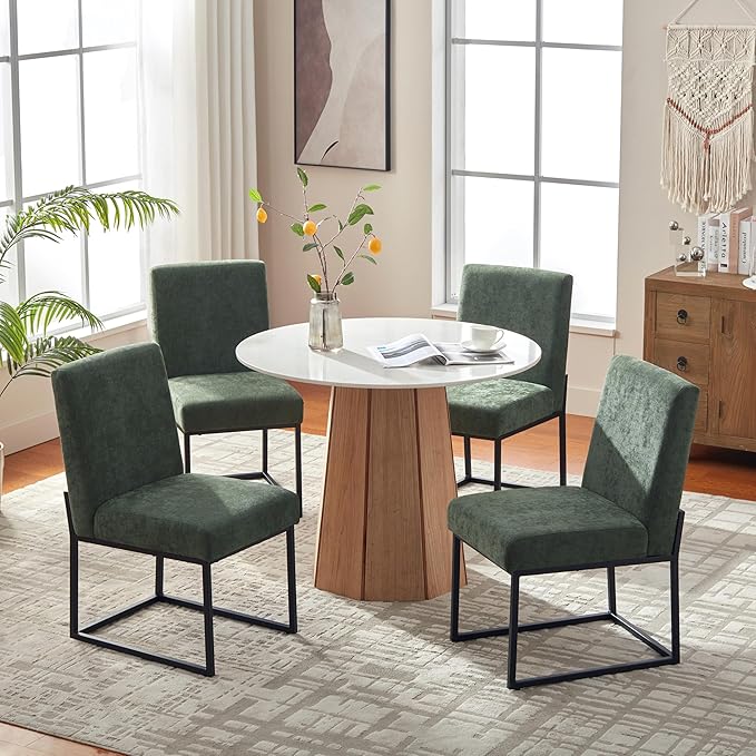 VKNOW Upholstered Dining Chairs Set of 2, Modern Dining Room Chairs, Linen Kitchen Chair Dinner Chair with Black Metal Base for Kitchen Office, Green-Unstriped