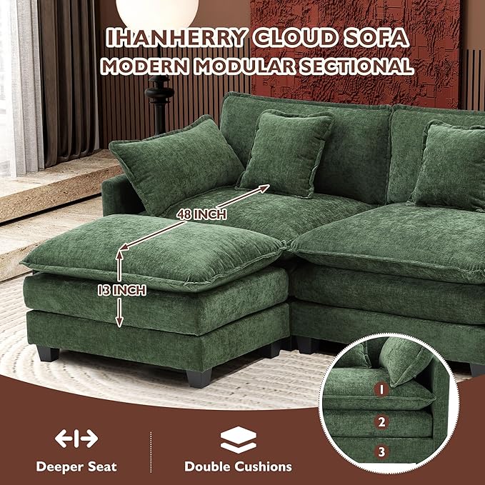 Ihanherry 111.4" L Shaped Modern Sofa Modular Sectional Cloud Couch with Ottoman, 4-Seat Chenille Deep Seat Sofa with Pillow for Living Room, Bedroom and Apartment, Green