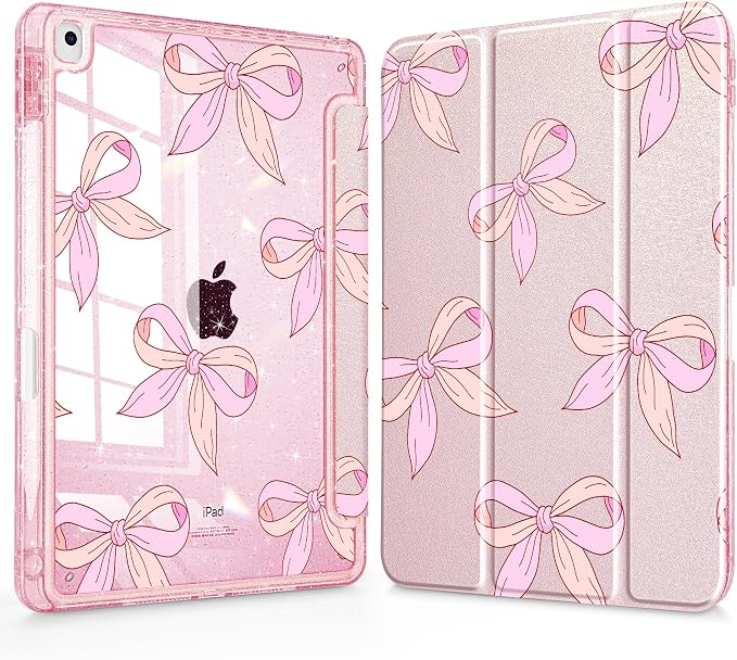 Case for iPad 9th/ 8th/ 7th Generation 10.2-Inch Case(2021/2020/2019 Release) Glitter Tablet Cases with Transparent Acrylic Back+Trifold Stand+Pencil Holder+Auto Wake/Sleep Bows-Stripe