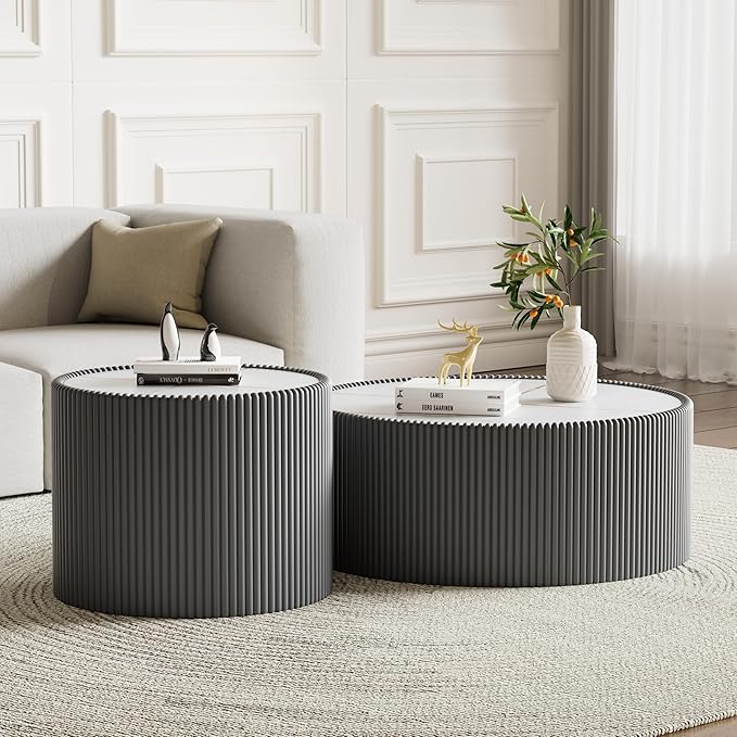 Grey Round Coffee Table with Sintered Stone Tabletop, 29.52" Drum Coffee Table with Fluted PU Leather Covered and Stable Base, Circle Cocktail Tea Table for Living Room