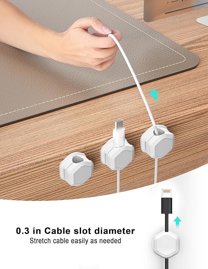 8 Pack Cord Holder - Magnetic Cable Clips - Cord Holder for Nightstand - Cord Organizer for Desk, Magnetic Cord Organizer, for Desk, Nightstand, Phone Charger, Computer, Home, Office, Car (White)