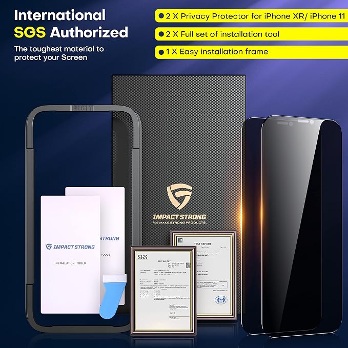 ImpactStrong Anti-Spy Privacy Screen Protector for iPhone 11 / iPhone XR (6.1-Inch) 9H Tempered Glass Shatter-Resistant Anti-Scratch Easy Install Kit Case Friendly 2-Pack