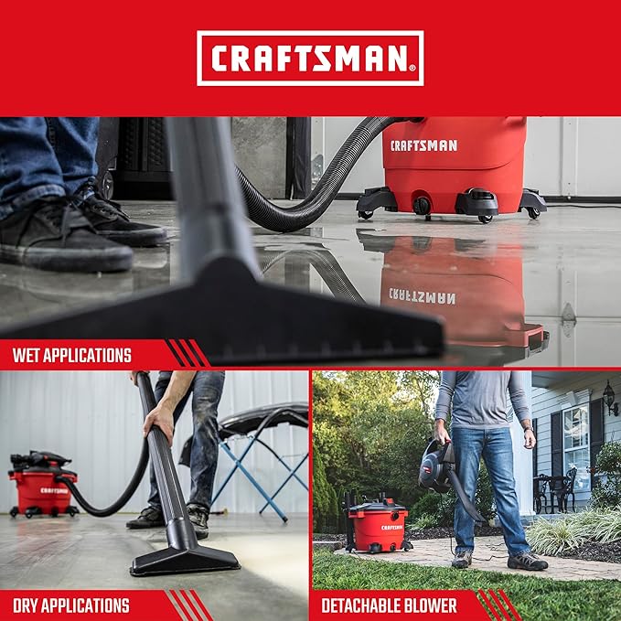 CRAFTSMAN CMXEVBE17607 16 Gallon 6.5 Peak HP Wet Dry Vac with Detachable Leaf Blower, Portable Shop Vacuum Wet and Dry with Filter, Dust Bag, Hose and Attachments for Garage, Outdoor Cleaning