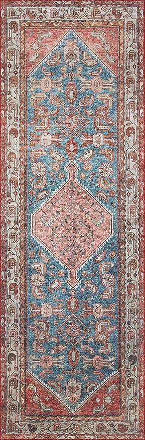 Loloi Layla Collection LAY-10 Marine/Clay 2'-6" x 9'-6" .13" Thick Runner Rug, Soft, Durable, Vintage Inspired, Distressed, Low Pile, Non-Shedding, Easy Clean, Printed, Living Room Rug