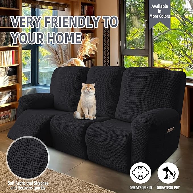 Genina Recliner Sofa Covers - Stretch Reclining Couch Covers with Stripe Jacquard - 3 Seat Cushion Slipcovers with Soft Fabric - Furniture Protector for Pet Kid (Black)