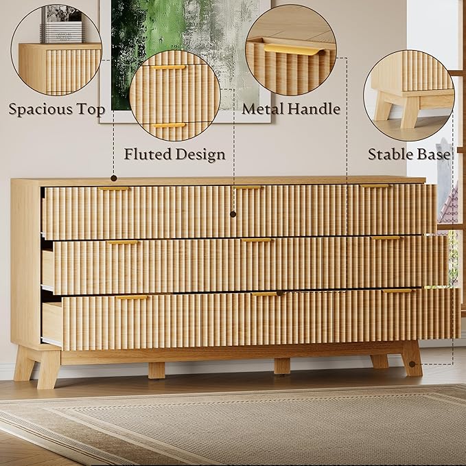 63" Long Dresser for Bedroom, 9-Drawer Fluted Dresser, Extra-Wide Wood Chest of Drawers with Smooth Metal Slides, Stable Base, Modern Clothes Storage Cabinet for Living Room, Hallway, Nursery